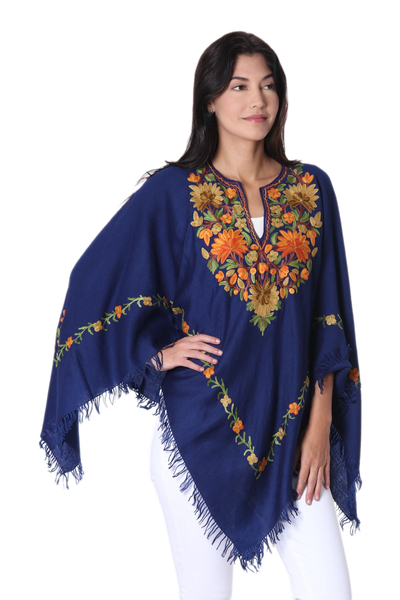 Floral Embroidered Wool Poncho in Midnight from India