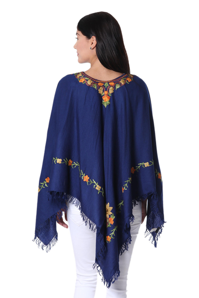 Wool poncho, 'Midnight Life' - Floral Embroidered Wool Poncho in Midnight from India