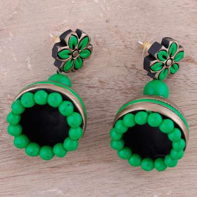 Ceramic dangle earrings, 'Green Garden' - Ceramic Dangle Earrings with Green Floral Motifs from India