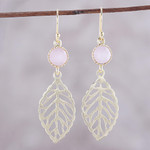 Gold plated rose quartz dangle earrings, 'Jaipur Leaves' - Gold Plated Rose Quartz Leaf Earrings from India