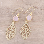 Gold plated rose quartz dangle earrings, 'Jaipur Leaves' - Gold Plated Rose Quartz Leaf Earrings from India