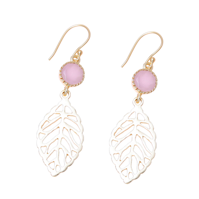 Gold plated rose quartz dangle earrings, 'Jaipur Leaves' - Gold Plated Rose Quartz Leaf Earrings from India