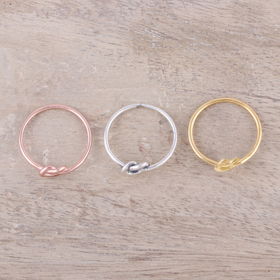 Sterling silver and gold plated band rings, 'Heavenly Knots' (set of 3) - Gold Plated Rose Gold and Sterling Silver Band Rings (3)