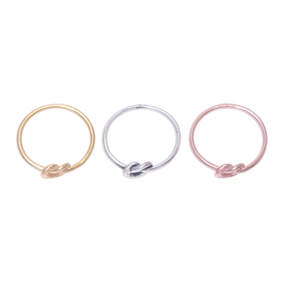 Sterling silver and gold plated band rings, 'Heavenly Knots' (set of 3) - Gold Plated Rose Gold and Sterling Silver Band Rings (3)