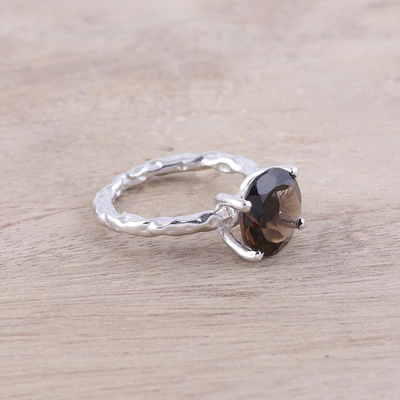 Rhodium plated smoky quartz solitaire ring, 'Elegant Dazzle' - Rhodium Plated Smoky Quartz Solitaire Ring from India
