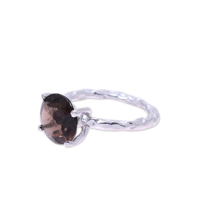 Rhodium plated smoky quartz solitaire ring, 'Elegant Dazzle' - Rhodium Plated Smoky Quartz Solitaire Ring from India