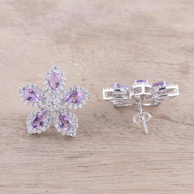 Rhodium plated amethyst button earrings, 'Petal Shimmer' - Rhodium Plated Amethyst Button Earrings from India