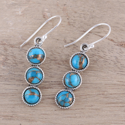 Sterling silver dangle earrings, 'Dancing Circles' - Circular Sterling Silver and Composite Turquoise Earrings