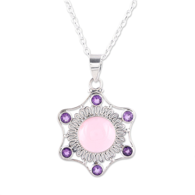 Chalcedony and amethyst pendant necklace, 'Charismatic Beauty' - Pink Chalcedony and Amethyst Pendant Necklace from India