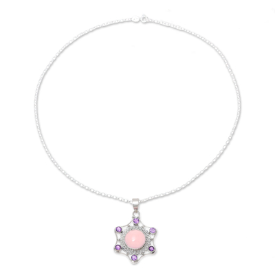 Chalcedony and amethyst pendant necklace, 'Charismatic Beauty' - Pink Chalcedony and Amethyst Pendant Necklace from India