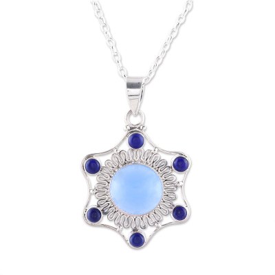 Chalcedony and lapis lazuli pendant necklace, 'Charismatic Beauty' - Blue Chalcedony and Lapis Lazuli Pendant Necklace from India