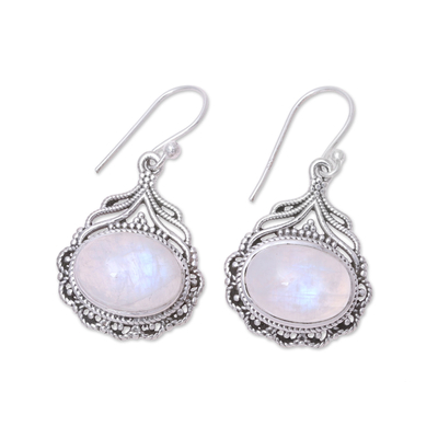 Rainbow moonstone dangle earrings, 'Jeweled Glory' - Natural Oval Rainbow Moonstone Dangle Earrings from India