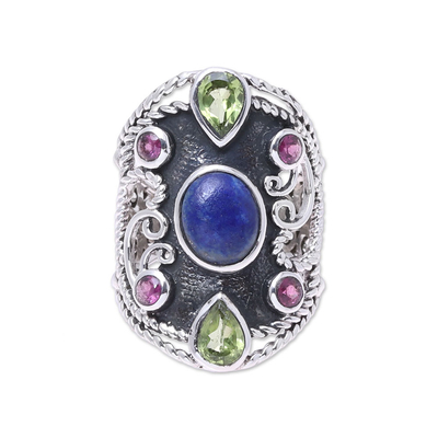 Multi-gemstone cocktail ring, 'Lapis Royalty' - Handcrafted Sterling Silver and Lapis Lazuli Ring from India