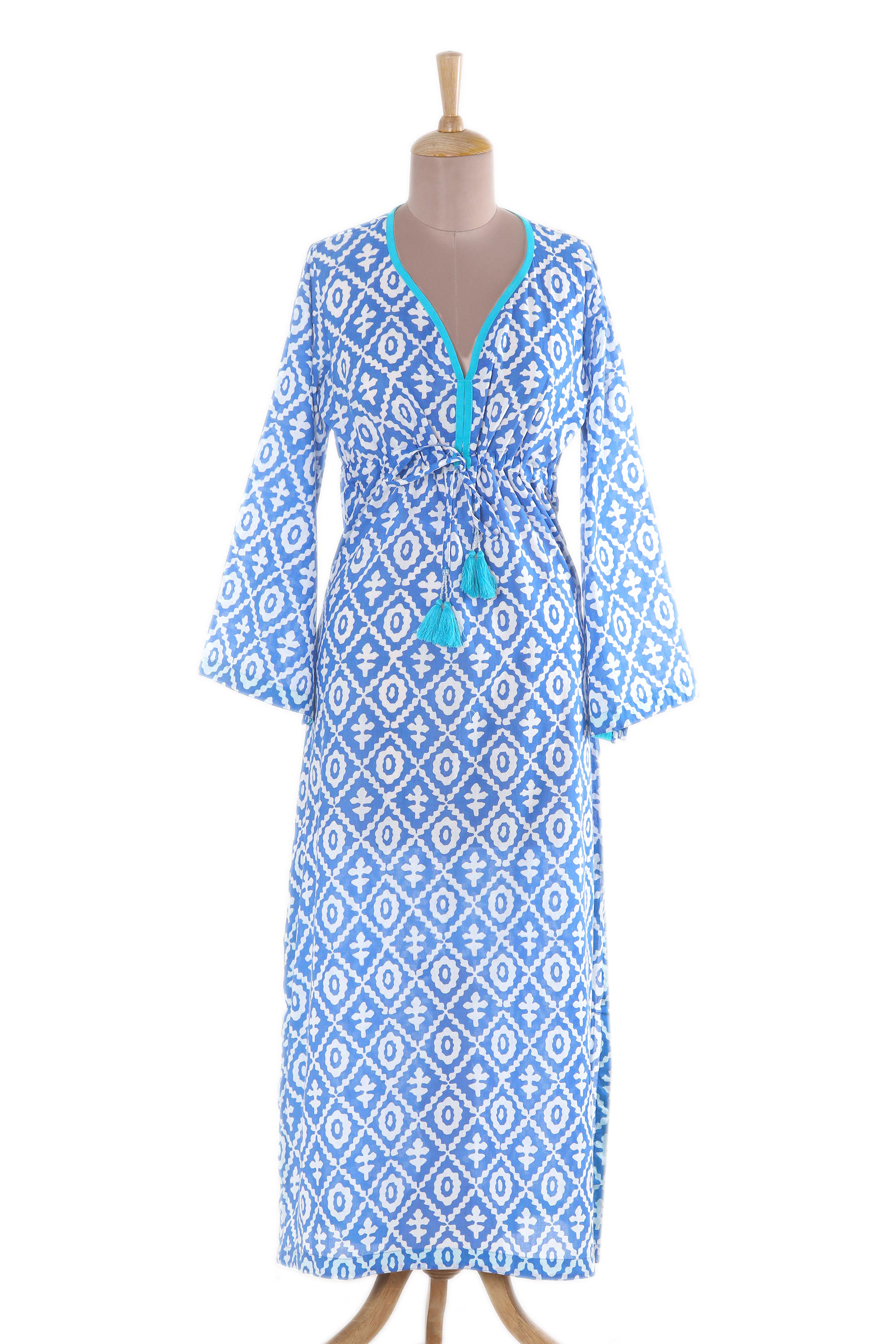 Blue and White Print 100% Cotton Long Sleeve Maxi Dress - Carefree ...