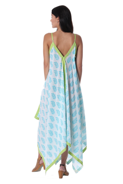 Cotton maxi sundress, 'Haven of Leaves' - Turquoise White and Green Leaf Print Long Cotton Sundress