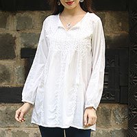 Hand-Embroidered Cotton Tunic in White from India,'Gorgeous Chikankari'