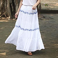 White Cotton Long Skirt with Blue Embroidered Floral Pattern,'Botanical Whimsy'