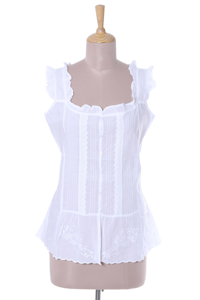 Cotton blouse, 'Summer Lace' - Embroidered Cotton Blouse in White from India