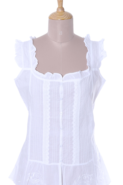 Embroidered Cotton Blouse in White from India - Summer Lace | NOVICA