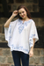 Cotton tunic, 'Lucknow Beauty' - Short Sleeve Floral White Tunic Hand Embroidered in India thumbail