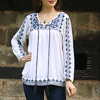 Viscose blouse, 'Embroidered Blue' - Embroidered Long Sleeved White and Navy Tunic from India