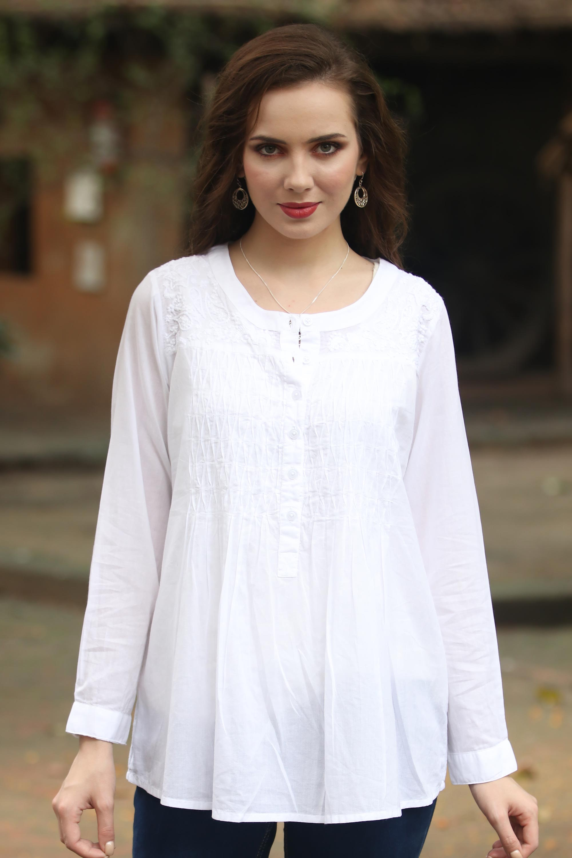 Unicef Market Long Sleeve Floral White Blouse Hand Embroidered