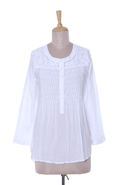 Cotton blouse, 'Classic Snowy White' - Long Sleeve Floral White Blouse Hand Embroidered in India