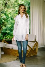 Embroidered cotton long tunic, 'White Blooms' - Long Sleeve Floral White Blouse Hand Embroidered in India