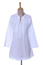 Embroidered cotton long tunic, 'White Blooms' - Long Sleeve Floral White Blouse Hand Embroidered in India