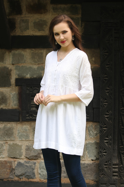 Cotton tunic, 'Floral Sonata' - Embroidered Floral Cotton Tunic from India