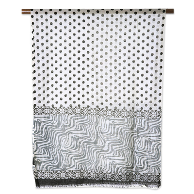 Wool shawl, 'Polka Bliss' - Wool Shawl in Ivory and Black from India