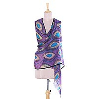 Wool shawl, 'Watchful Violet' - Hand-Painted Wool Shawl in Violet from India