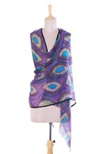 Wool shawl, 'Watchful Violet' - Hand-Painted Wool Shawl in Violet from India