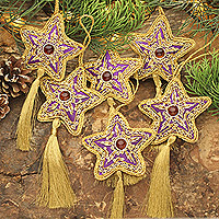 Glass beaded ornaments, 'Purple Song' (set of 6)