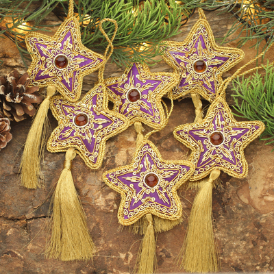 Glass beaded ornaments, 'Purple Song' (set of 6) - Glass Beaded Star Ornaments from India (Set of 6)
