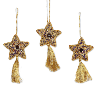 Glass beaded ornaments, 'Purple Song' (set of 6) - Glass Beaded Star Ornaments from India (Set of 6)