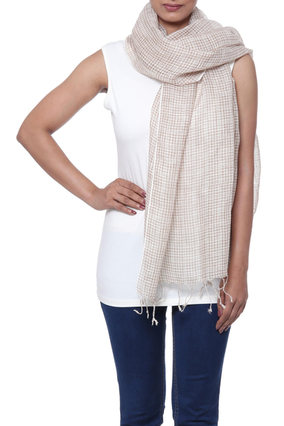 Linen scarf, 'Magical Delight in Taupe' - Handwoven Linen Wrap Scarf in Taupe from India
