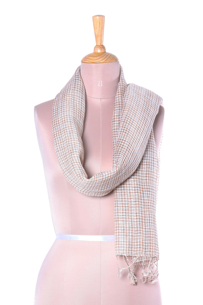 Linen scarf, 'Magical Delight in Taupe' - Handwoven Linen Wrap Scarf in Taupe from India