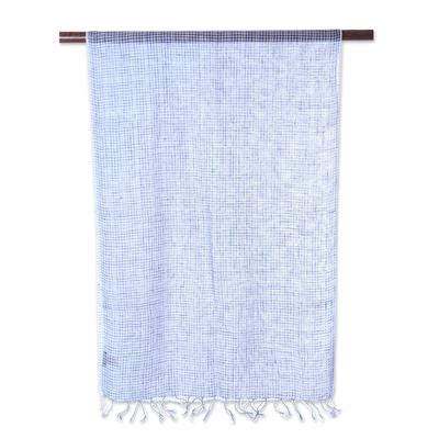 Linen scarf, 'Magical Delight in Azure' - Handwoven Linen Wrap Scarf in Azure from India