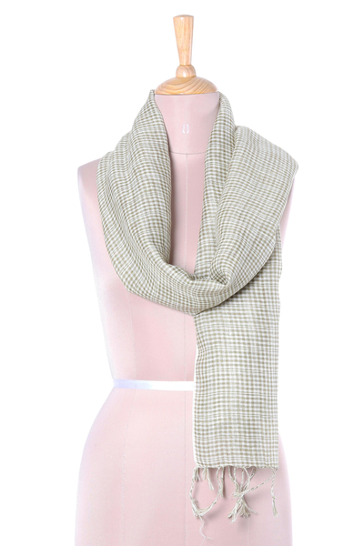 Linen scarf, 'Magical Delight in Olive' - Handwoven Linen Wrap Scarf in Olive from India