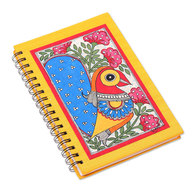 Madhubani painting journal, 'Joyful Peacock' - Paper Journal with Signed Madhubani Peacock Painting