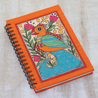 Madhubani-Maltagebuch - Papiertagebuch mit signierter Madhubani-Vogelmalerei aus Indien