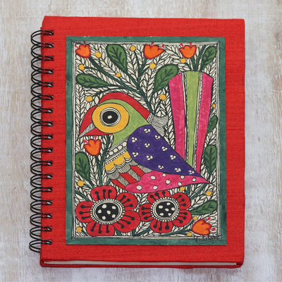 Madhubani-Maltagebuch - Handgeschöpftes Papiertagebuch mit signierter Madhubani-Vogelmalerei