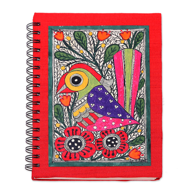 Madhubani painting journal, 'Joyful Song' - Handmade Paper Journal with Signed Madhubani Bird Painting