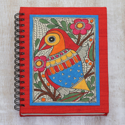 Handmade paper journal, 'Garden Bird' - Handmade Paper Journal with Cover Painting of Garden Bird