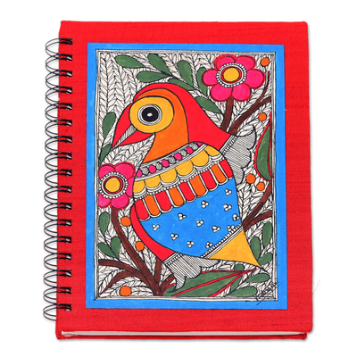 Handmade paper journal, 'Garden Bird' - Handmade Paper Journal with Cover Painting of Garden Bird