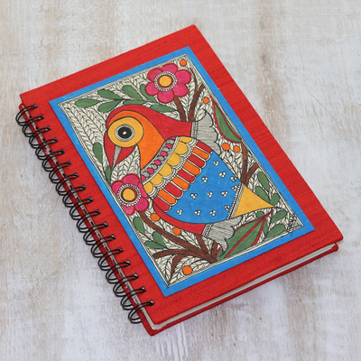 Zeitschrift aus handgeschöpftem Papier, 'Gartenvogel'. - Tagebuch aus handgeschöpftem Papier mit Umschlagmalerei eines Gartenvogels