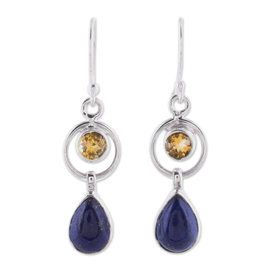 Lapis Lazuli and Citrine Dangle Earrings from India