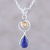 Lapis lazuli and citrine pendant necklace, 'Gleaming Midnight'