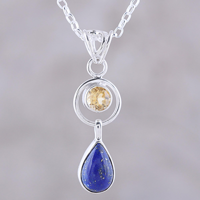 Lapis lazuli and citrine pendant necklace, 'Gleaming Midnight' - Lapis Lazuli and Citrine Pendant Necklace from India